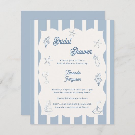 Hand drawn beach blue Bridal Shower invitation (正面/裏面)