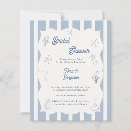 Hand drawn beach blue Bridal Shower invitation (正面)