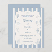 Hand drawn beach blue ivory wedding invitation (正面/裏面)