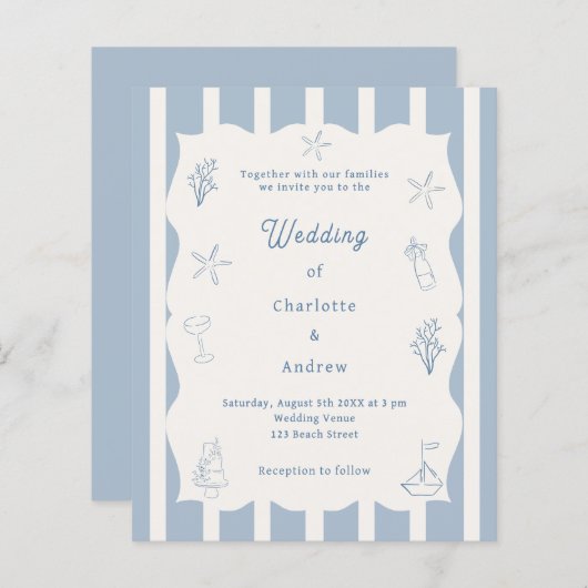 Hand drawn beach blue ivory wedding invitation (正面/裏面)