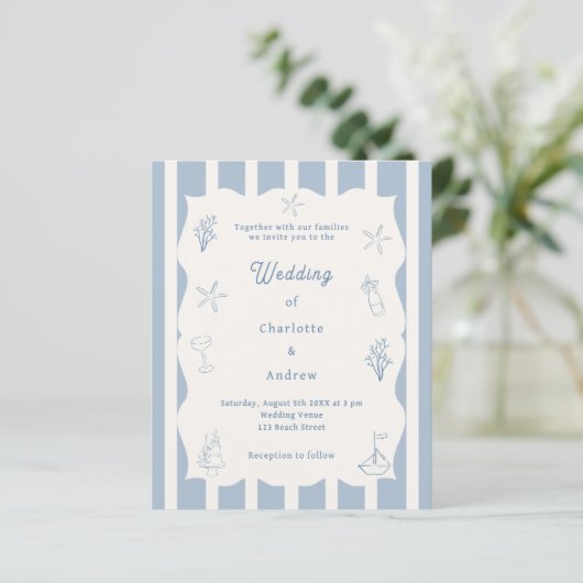 Hand drawn beach blue ivory wedding invitation (スタンド正面)
