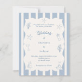 Hand drawn beach blue ivory wedding invitation (正面)
