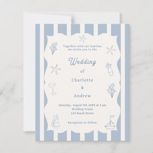 Hand drawn beach blue ivory wedding invitation (正面)