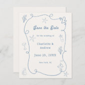 Hand drawn beach blue ivory wedding Save the Date (正面/裏面)
