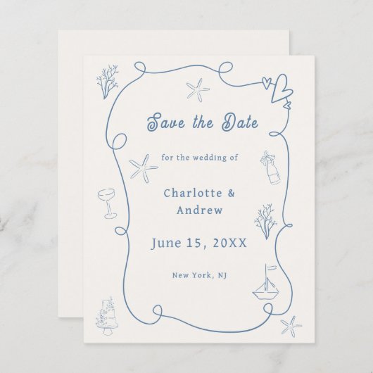 Hand drawn beach blue ivory wedding Save the Date (正面/裏面)