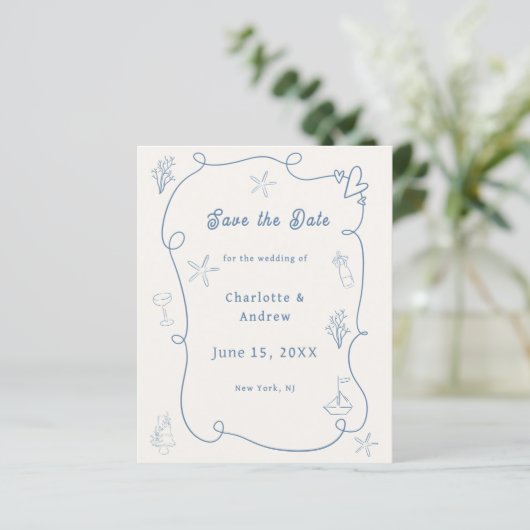 Hand drawn beach blue ivory wedding Save the Date (スタンド正面)
