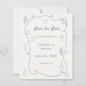 Hand drawn beach blue ivory wedding Save the Date (正面)