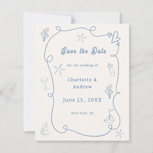 Hand drawn beach blue ivory wedding Save the Date (正面)