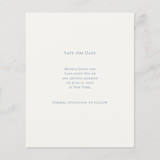 Hand drawn beach blue ivory wedding Save the Date チラシ (裏面)