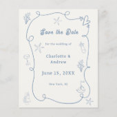 Hand drawn beach blue ivory wedding Save the Date チラシ (正面)