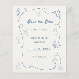 Hand drawn beach blue ivory wedding Save the Date チラシ