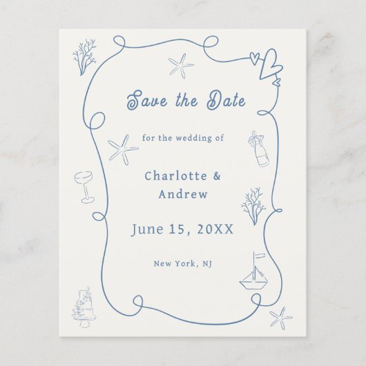 Hand drawn beach blue ivory wedding Save the Date チラシ (正面)