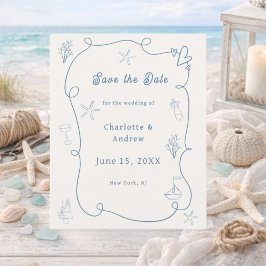 Hand drawn beach blue ivory wedding Save the Date チラシ