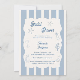 Hand drawn beach dusty blue ivory Bridal Shower 招待状