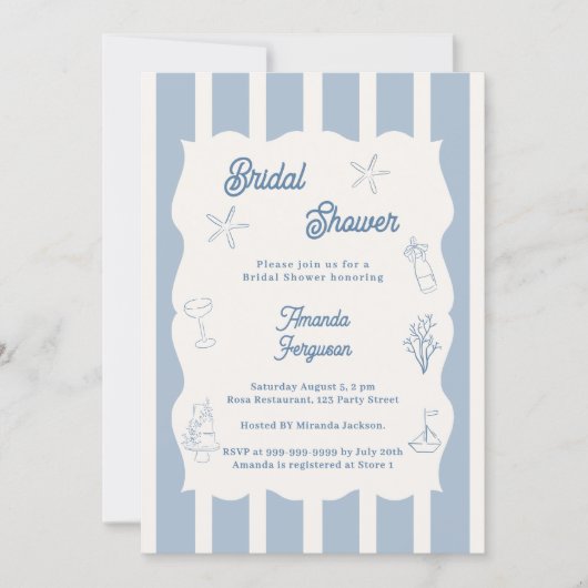 Hand drawn beach dusty blue ivory Bridal Shower 招待状 (正面)