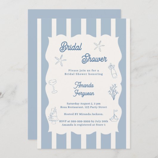 Hand drawn beach dusty blue ivory Bridal Shower 招待状 (正面/裏面)
