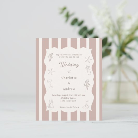 Hand drawn beach ivory taupe wedding invitation (スタンド正面)