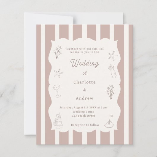 Hand drawn beach ivory taupe wedding invitation (正面)