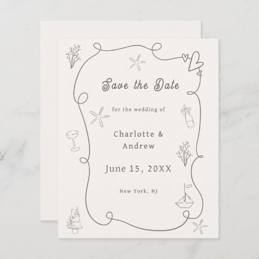 Hand drawn beach ivory taupe wedding Save the Date (正面/裏面)