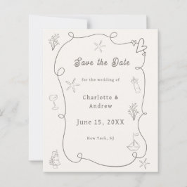 Hand drawn beach ivory taupe wedding Save the Date
