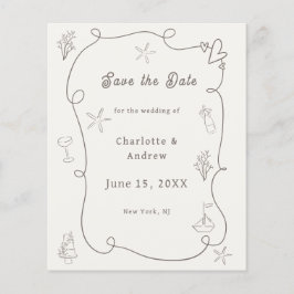 Hand drawn beach ivory taupe wedding Save the Date チラシ