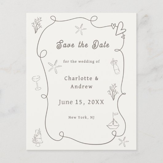 Hand drawn beach ivory taupe wedding Save the Date チラシ (正面)