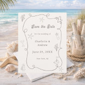 Hand drawn beach ivory taupe wedding Save the Date チラシ