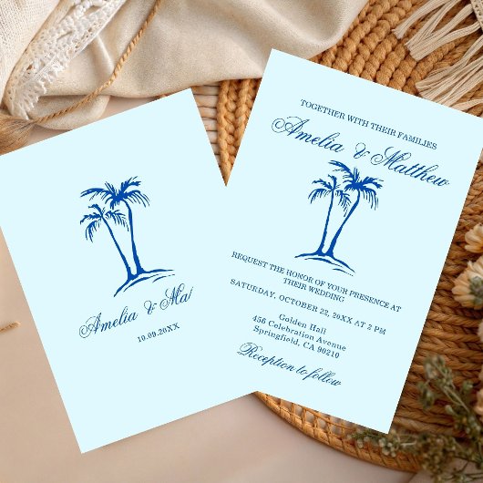 hand drawn Beach Palm Tree Whimsical Wedding  招待状