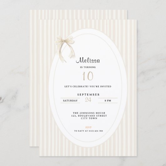 Hand Drawn Beige Stripes Bow 10th Birthday 招待状 (正面/裏面)