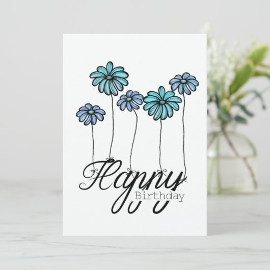Hand-Drawn Birthday Card Turquoise Flower Balloons カード (スタンド正面)