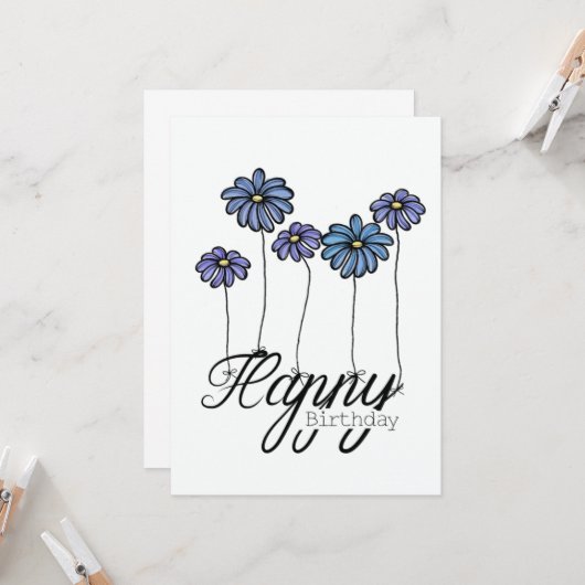 Hand-Drawn Birthday Card w Blue Flower Balloons カード (正面/裏面インサイチュ)
