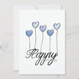 Hand-Drawn Birthday Card w D. Blue Heart Balloons カード