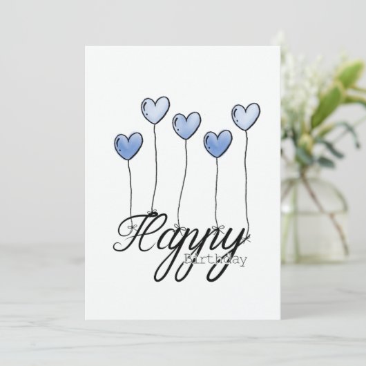 Hand-Drawn Birthday Card w D. Blue Heart Balloons カード (スタンド正面)