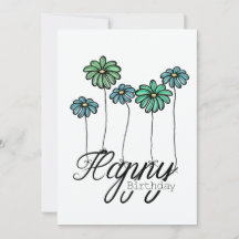 Hand-Drawn Birthday Card w Green Flower Balloons