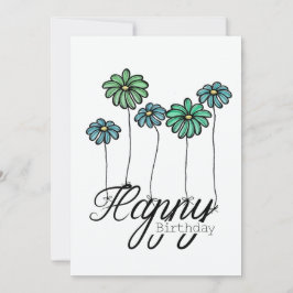 Hand-Drawn Birthday Card w Green Flower Balloons カード