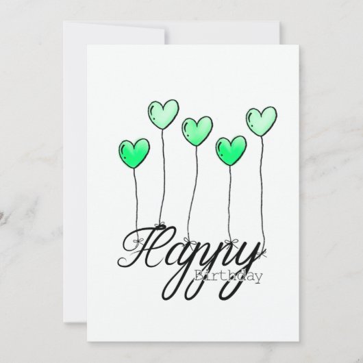 Hand-Drawn Birthday Card w Green Heart Balloons カード (正面)