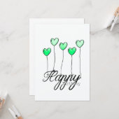 Hand-Drawn Birthday Card w Green Heart Balloons カード (正面/裏面インサイチュ)