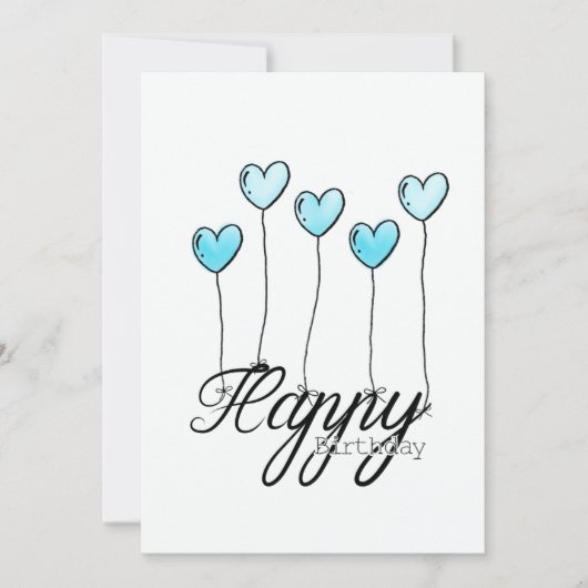 Hand-Drawn Birthday Card w L. Blue Heart Balloons カード (正面)
