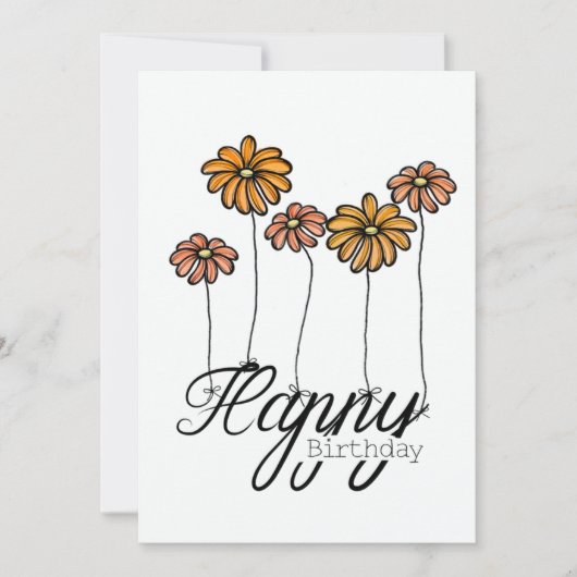 Hand-Drawn Birthday Card w Orange Flower Balloons カード (正面)