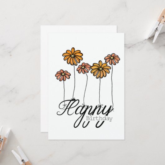 Hand-Drawn Birthday Card w Orange Flower Balloons カード (正面/裏面インサイチュ)