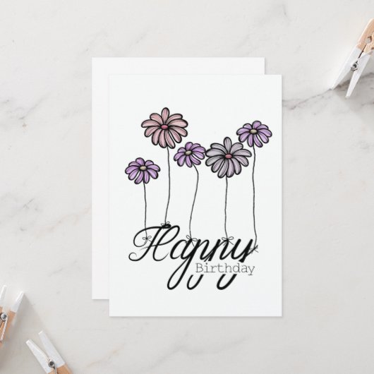 Hand-Drawn Birthday Card w Rosé Flower Balloons カード (正面/裏面インサイチュ)
