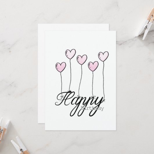 Hand-Drawn Birthday Card w Rosé Heart Balloons カード (正面/裏面インサイチュ)