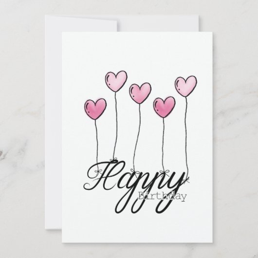 Hand-Drawn Birthday Card With Pink Heart Balloons カード (正面)