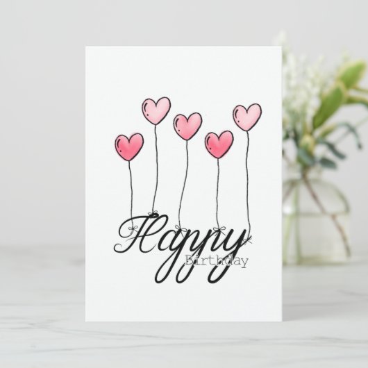 Hand-Drawn Birthday Card With Red Heart Balloons カード (スタンド正面)