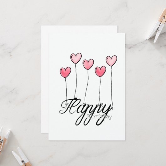 Hand-Drawn Birthday Card With Red Heart Balloons カード (正面/裏面インサイチュ)