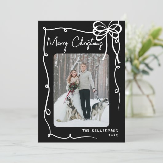Hand Drawn Black Bow Whimsical Christmas シーズンカード (スタンド正面)
