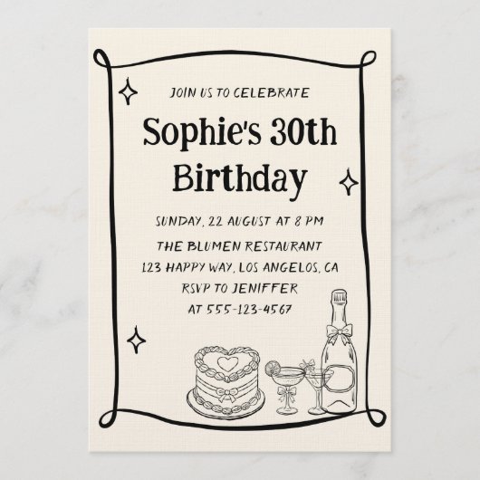 Hand Drawn Black & Cream 30TH Birthday Photo  招待状 (正面)