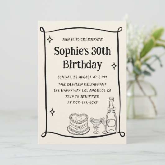 Hand Drawn Black & Cream 30TH Birthday Photo  招待状 (スタンド正面)
