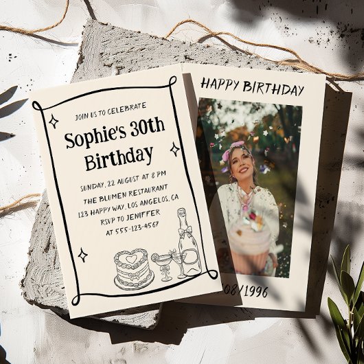 Hand Drawn Black & Cream 30TH Birthday Photo 招待状