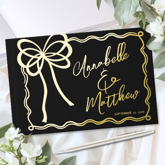 Hand Drawn Black Gold Bow Wedding ゲストブック